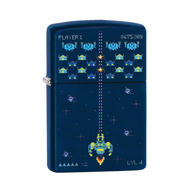 Zippo Lighter with Pixel Game Design in Navy Matte, Portable Metal Lighter, Front View