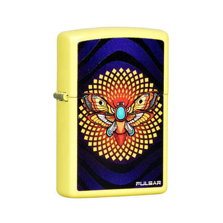 Pulsar Psychedelic Moth Zippo Lighter in Lemon Yellow, Front View, Perfect for Dab Rigs