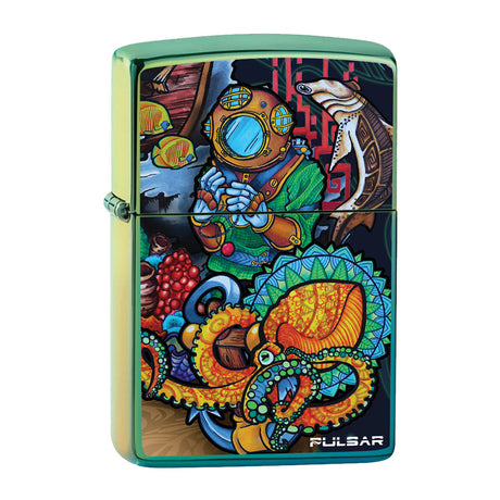 Zippo Lighter with Pulsar Psychedelic Ocean design in Polished Teal, front view on white background