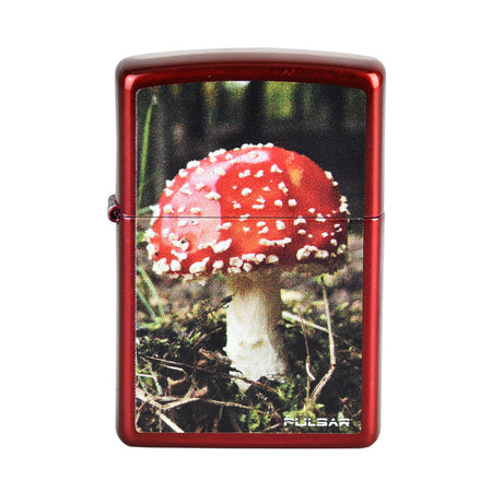 Zippo Lighter with Pulsar Red Mushroom design on Candy Apple Red, compact and portable, front view
