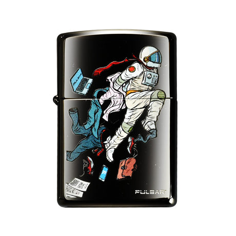 Zippo Lighter featuring Pulsar Super Spaceman design on Black Ice finish, front view, compact and portable