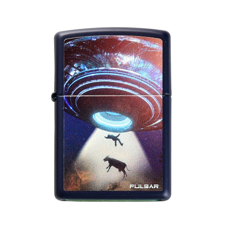Navy matte Zippo lighter featuring 'Take Me to Your Leader' alien abduction design, front view