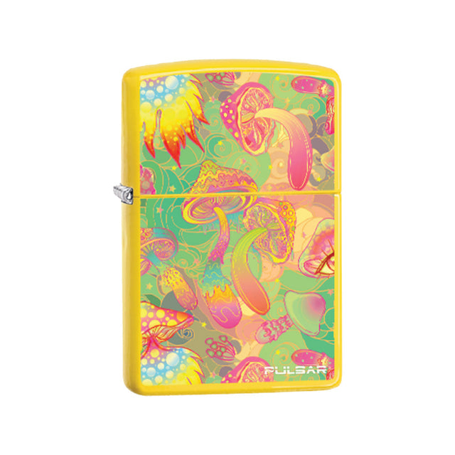 Zippo Lighter with Pulsar Watchful Shrooms Design, Classic Lemon Color, Front View