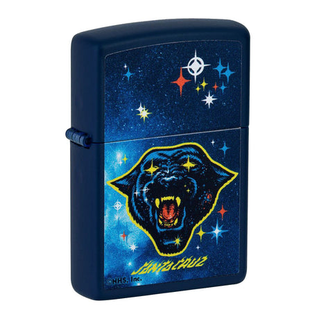 Zippo Lighter featuring Santa Cruz Starry-Eyed Panther design, compact and portable, front view on white background