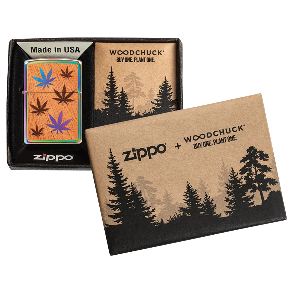 Zippo Mahogany Hemp Leaf Lighter in open box, portable metal design, USA-made, top view