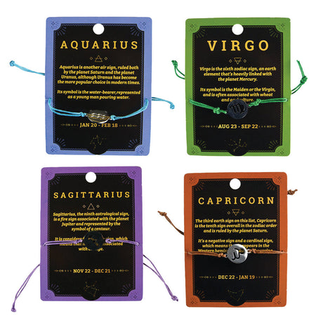 Zodiac Charm Bracelets on Hemp Fiber Cards, 4 Assorted Astrological Signs Display