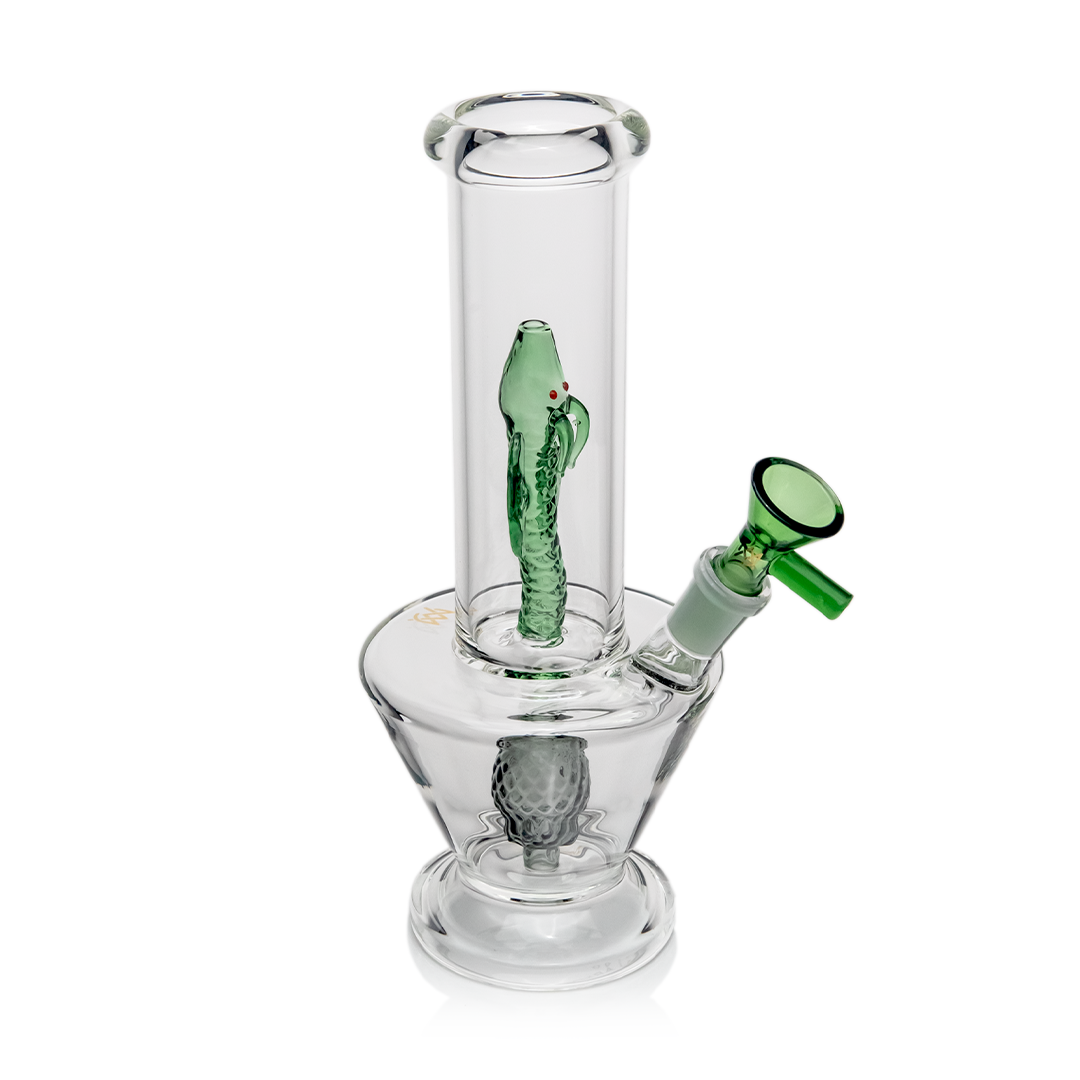 MJ Arsenal Firebreather Water Pipe with dragon design and 14mm colored glass bowl, front view on white background