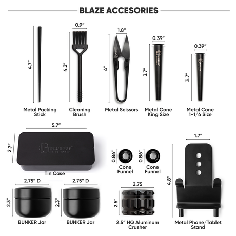 BLAZE Wooden Stash Rolling Tray accessories displayed on white background, including metal tools and jars.