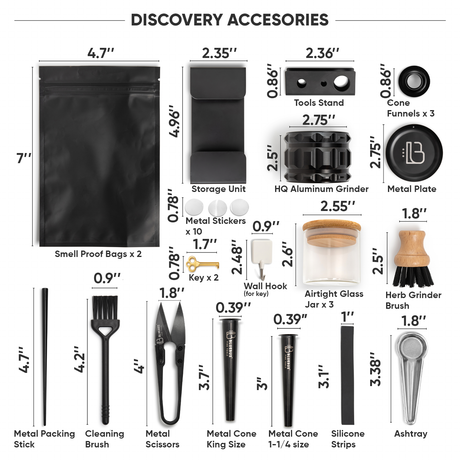 DISCOVERY Storage Stash Box accessories for dry herbs, with grinder, smell proof bags, and tools