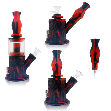 10" 4-in-1 Silicone Water Pipe in red and black with 14mm fitting, shown with dab straw and bowl