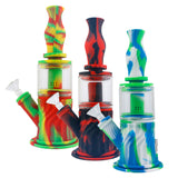 10" Silicone Water Pipe in red, green, and blue, for dry herbs and concentrates, front view