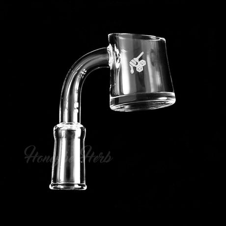 Honeybee Herb Fat Bottom Quartz Banger at 90° angle, clear, for dab rigs, side view on black