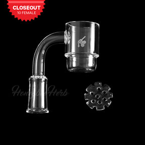 Honeybee Herb Quartz Banger with Honey Disc, 90° Angle, 10mm Female Joint on Black Background
