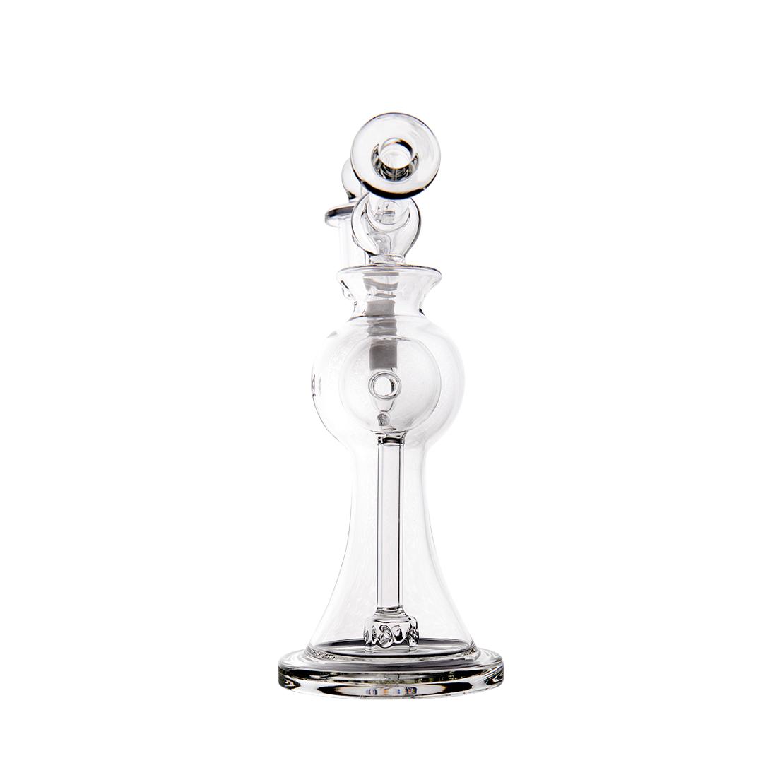 MJ Arsenal Apollo Mini Dab Rig front view, clear borosilicate glass with 90-degree banger hanger