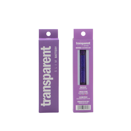 Stacheproductswholesale Transparent Slim Battery in Purple, Front and Back Packaging View
