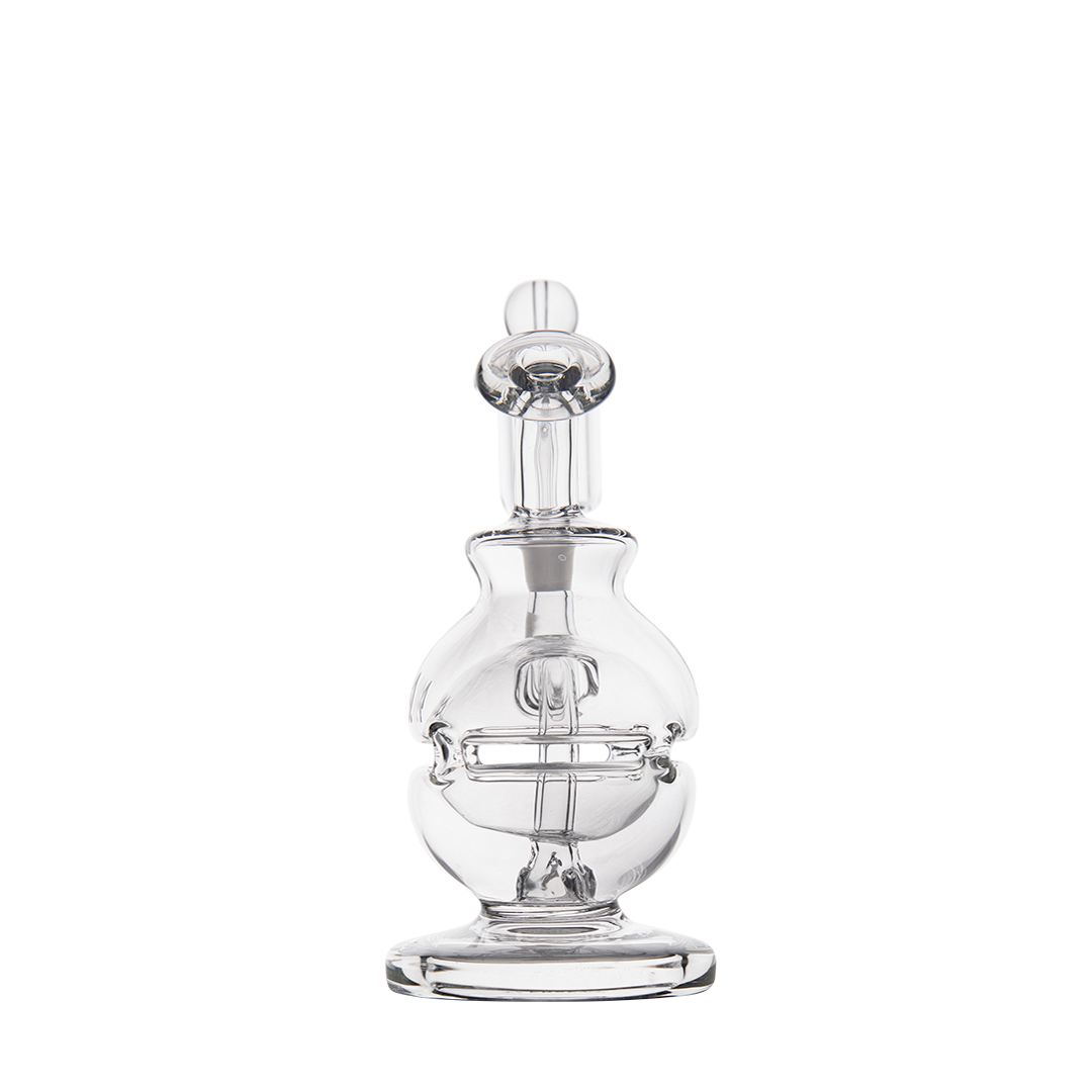 MJ Arsenal Royale Mini Dab Rig, clear borosilicate glass, 90-degree banger hanger design, front view