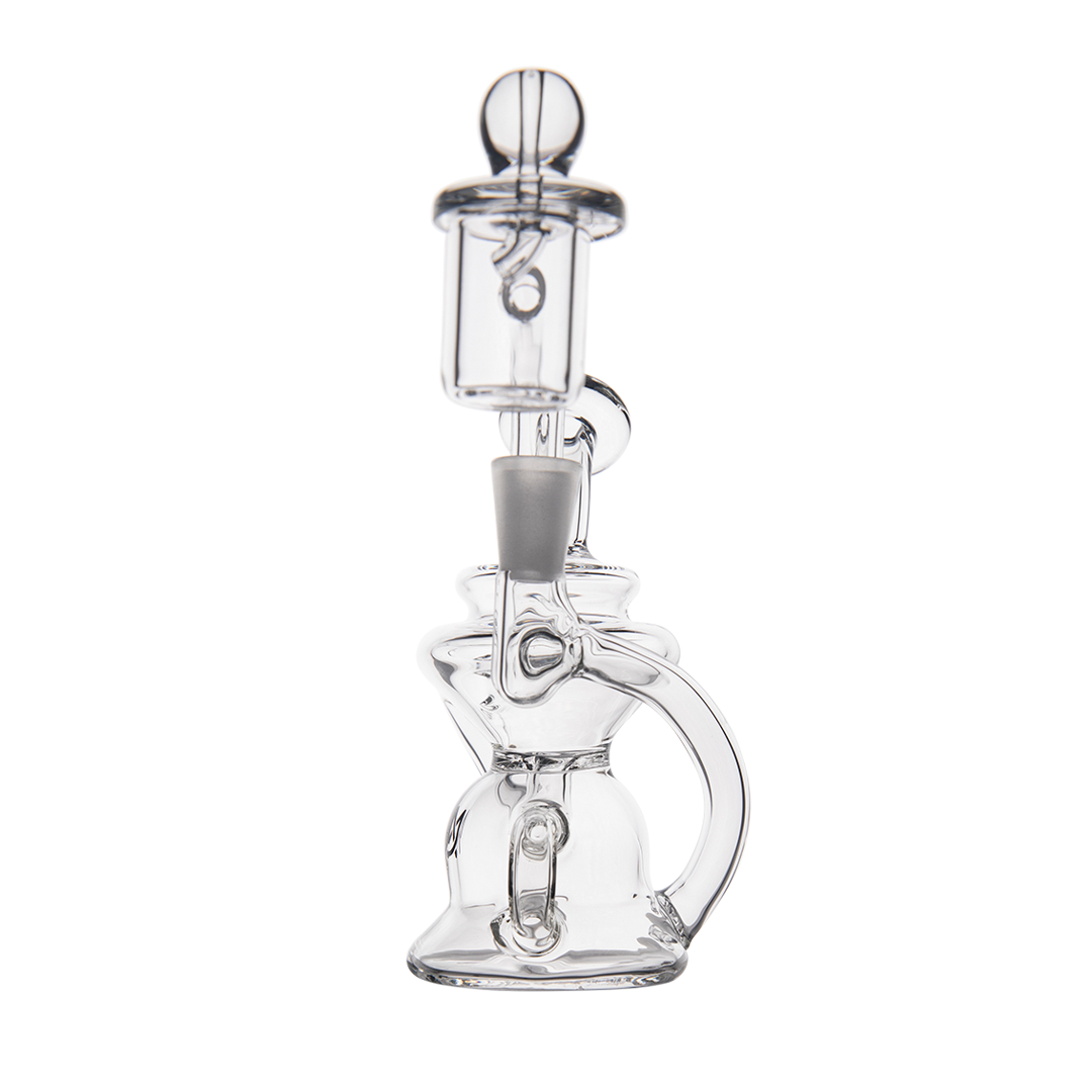 MJ Arsenal Hydra Mini Dab Rig with 90 Degree Banger Hanger and Recycler Design, Clear Borosilicate Glass, Front View