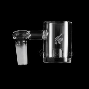 Honeybee Herb CORE REACTOR SIDECAR QUARTZ BANGER at 90° angle, clear, 10mm male joint, front view on black background