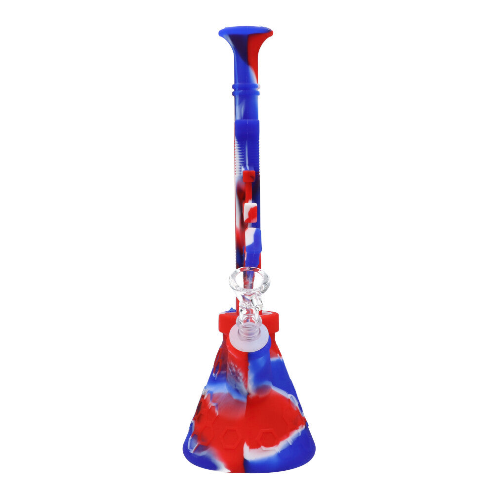 RGR Canada 11.5" AK47 Silicone Water Pipe in Camo Blue and Red, Beaker Design, Front View