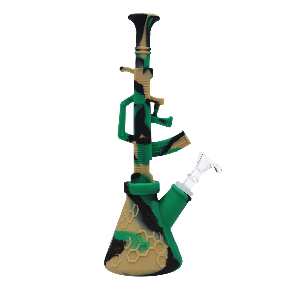 RGR Canada 11.5" AK47 Silicone Water Pipe in Camo, Beaker Design for Dry Herbs, Front View