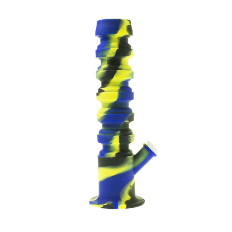 RGR Canada 11.5" flexible silicone straight water pipe in blue and black with glass bowl, side view