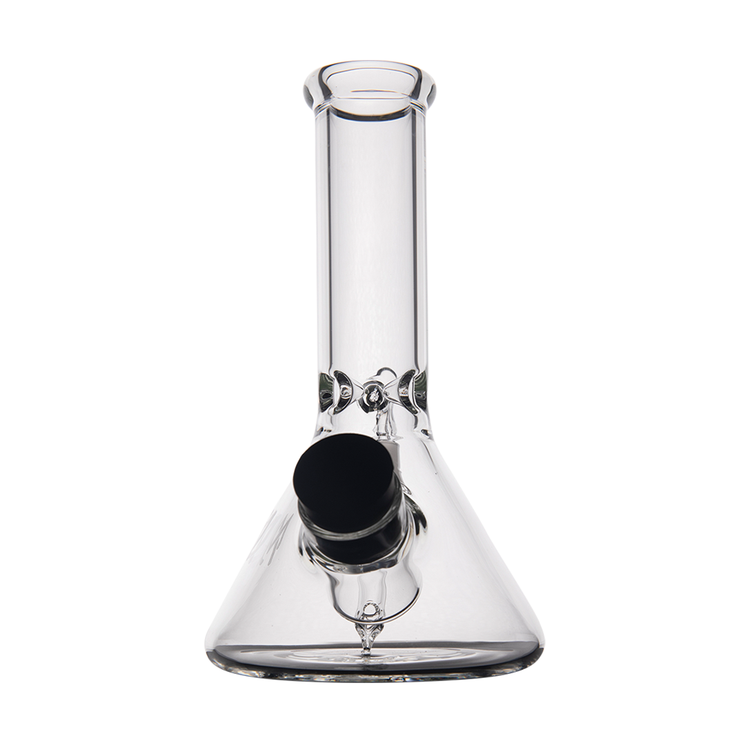 MJ Arsenal Cache Bong with clear borosilicate glass, compact beaker design, and gold detailing