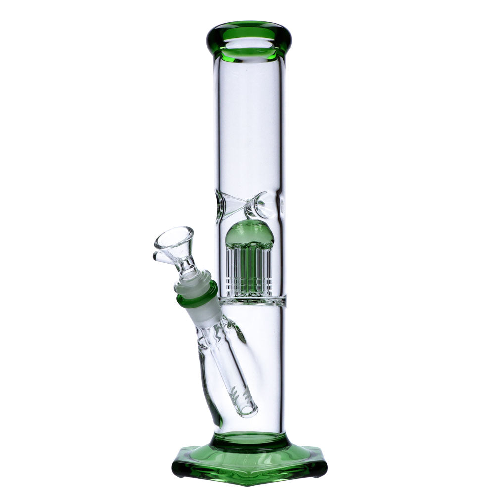 12" Quad Base Beaker Water Pipe with green Tree Percolator, front view on white background