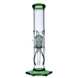 12" Valiant Distribution Beaker Water Pipe with green Tree Percolator, front view on white background