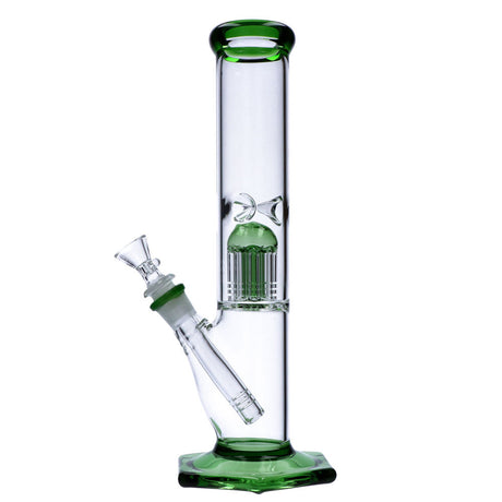 12" Valiant Distribution Quad Base Beaker Bong with Green Tree Percolator, Front View