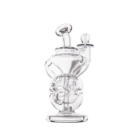MJ Arsenal Infinity Mini Dab Rig, clear borosilicate glass, 90-degree banger hanger, front view