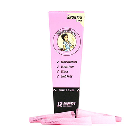 Blazy Susan Pink Paper Cones, 53mm Shorts, 12-pack front view with features listed