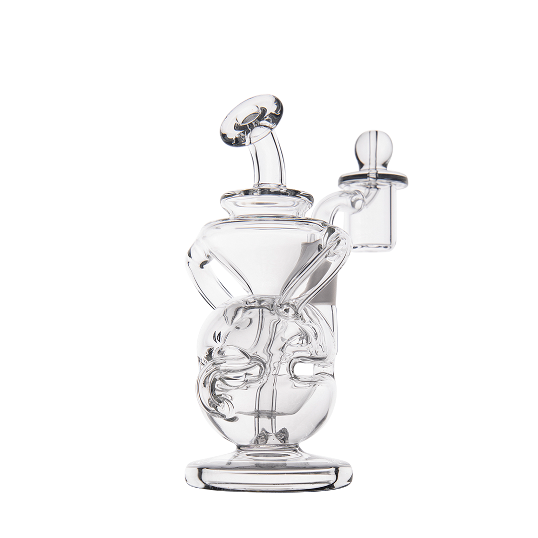 MJ Arsenal Infinity Mini Dab Rig front view, clear borosilicate glass with a 10mm female joint