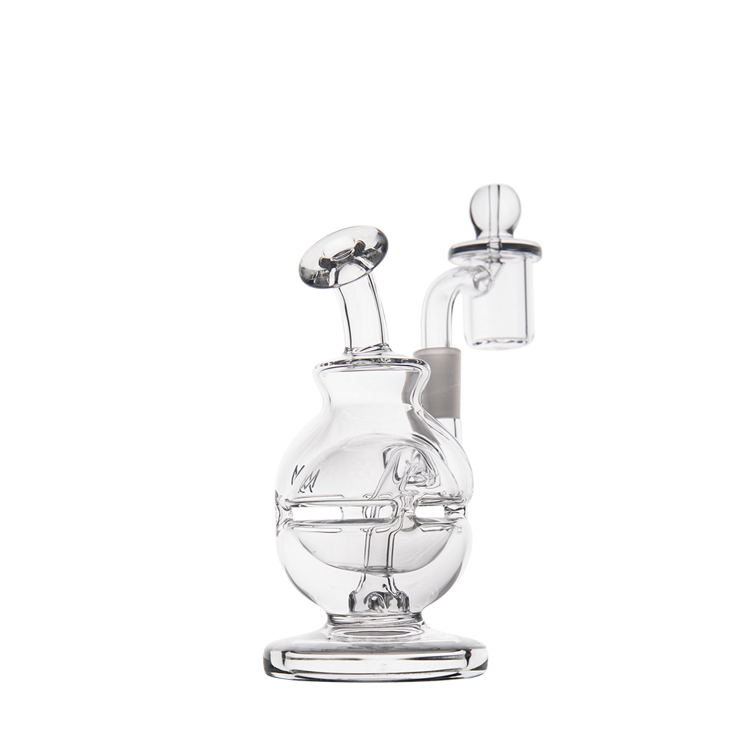 MJ Arsenal Royale Mini Dab Rig with clear borosilicate glass, 90 degree banger hanger, front view.