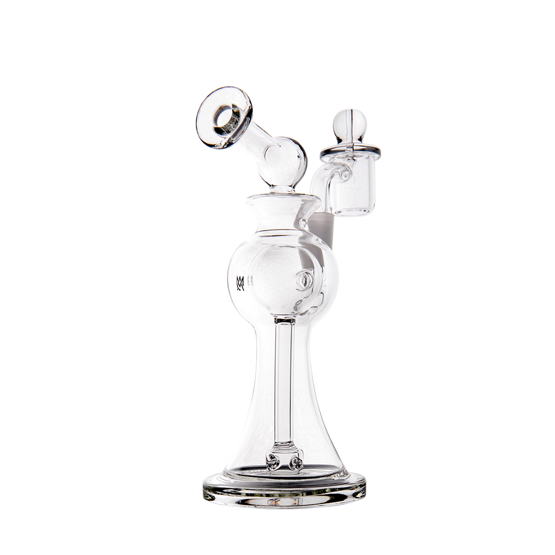 MJ Arsenal Apollo Mini Dab Rig, clear borosilicate glass, 7" tall, with a 90-degree banger hanger, front view.