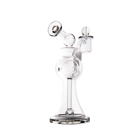 MJ Arsenal Apollo Mini Dab Rig, clear borosilicate glass, 7" tall, with a 90-degree banger hanger, front view.