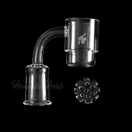 Honeybee Herb Honey Disc Deep Dish Quartz Banger at 90° angle for dab rigs, clear design on black background