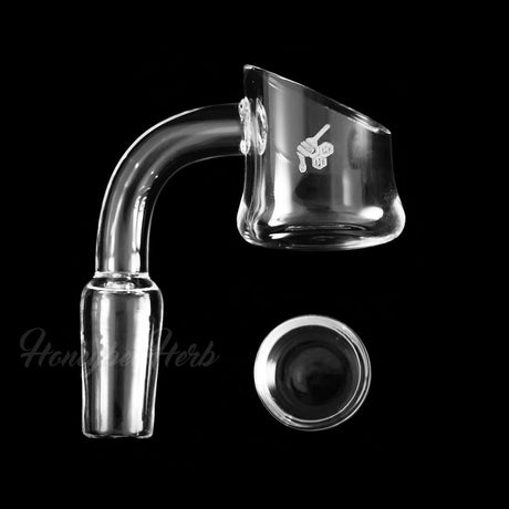 Honeybee Herb Honey Cup Quartz Banger 90°, clear male joint, for dab rigs, isolated on black