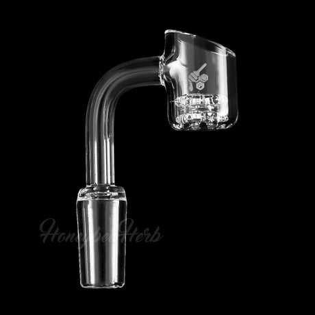 Honeycomb Knot Quartz Banger at 90° Angle by Honeybee Herb with Clear Glass on Black Background