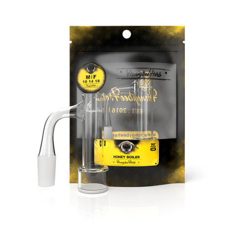 Honey Boiler Quartz Banger by Honeybee Herb, 90° male joint, clear, on packaging
