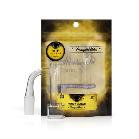 Honey Boiler Quartz Banger by Honeybee Herb, 90° Degree Male Joint, Front View on Packaging