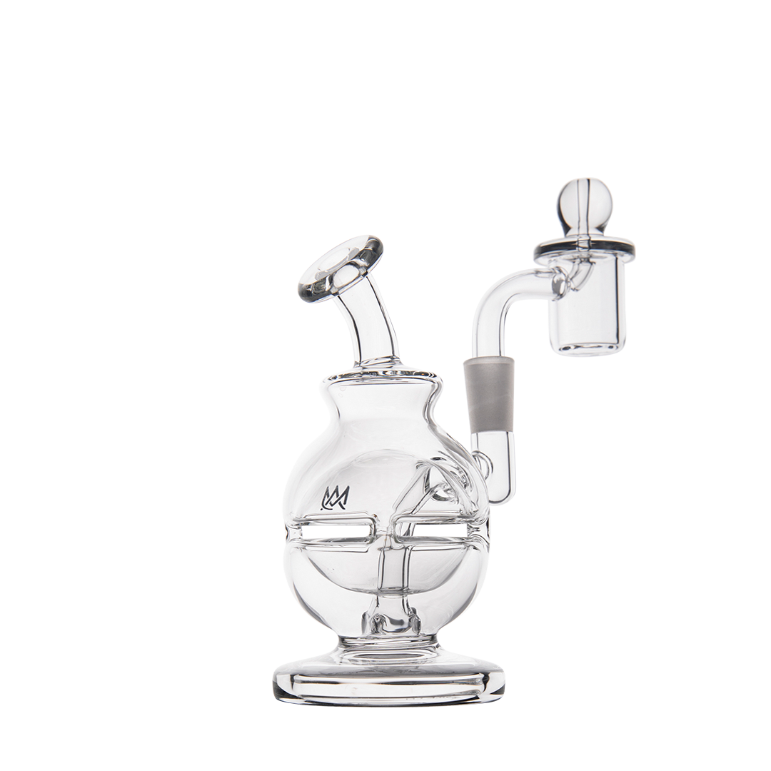 MJ Arsenal Royale Mini Dab Rig, clear borosilicate glass with 10mm female joint, front view on white background