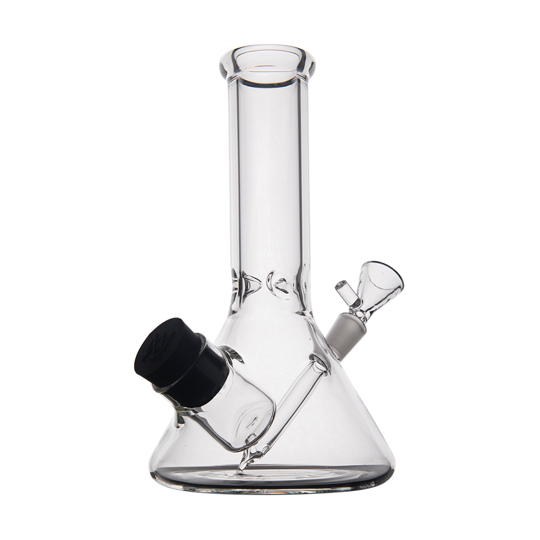 MJ Arsenal Cache Bong in clear borosilicate glass with a beaker design and 45-degree joint