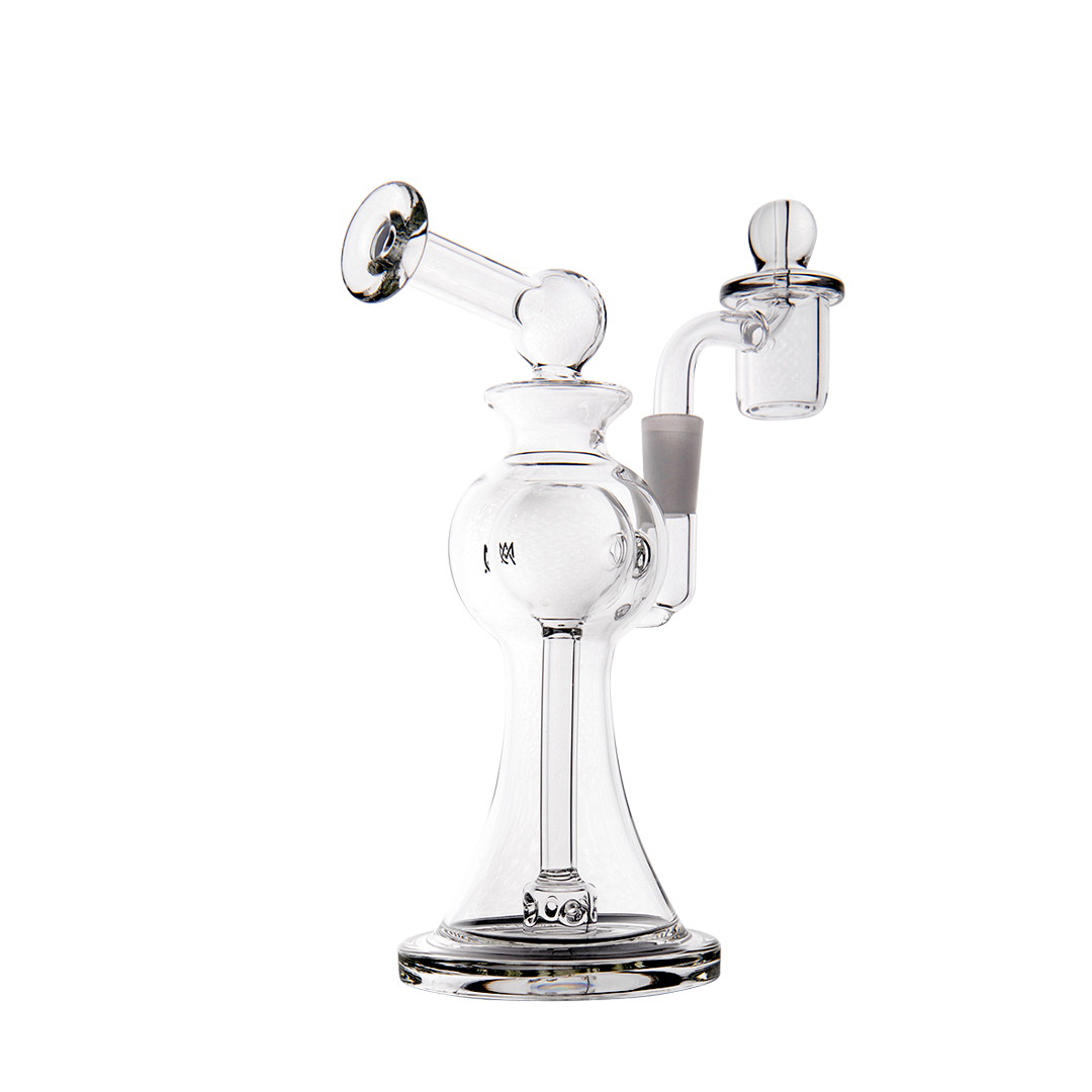 MJ Arsenal Apollo Mini Dab Rig, clear borosilicate glass, 7" height, with 90-degree banger hanger.