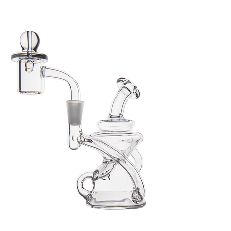 MJ Arsenal Hydra Mini Dab Rig, clear borosilicate glass, 90-degree banger hanger design, side view