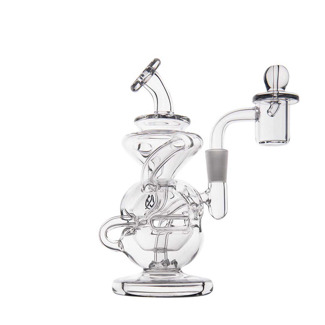 MJ Arsenal Infinity Mini Dab Rig, clear borosilicate glass with recycler design, front view