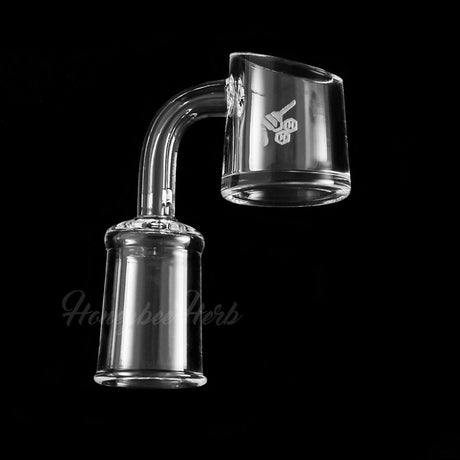 Honeybee Herb Fat Bottom Quartz Banger at 90° angle, clear quartz, side view on black background