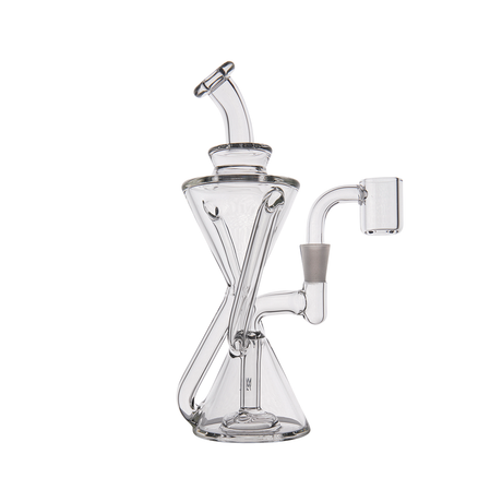 MJ Arsenal Time Turner Mini Dab Rig with quartz bucket, clear glass, front view on a pure white background