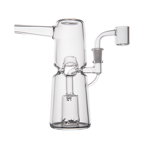 MJ Arsenal Turret Mini Dab Rig with quartz bucket, clear glass, front view on white background