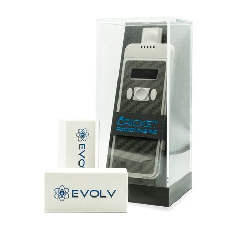 Evolv Cricket Pocket Dab Rig Vaporizer in packaging, front view, compact and portable design