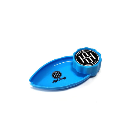 High Society Neon Blue Mini Rolling Tray Grinder Combo on White Background